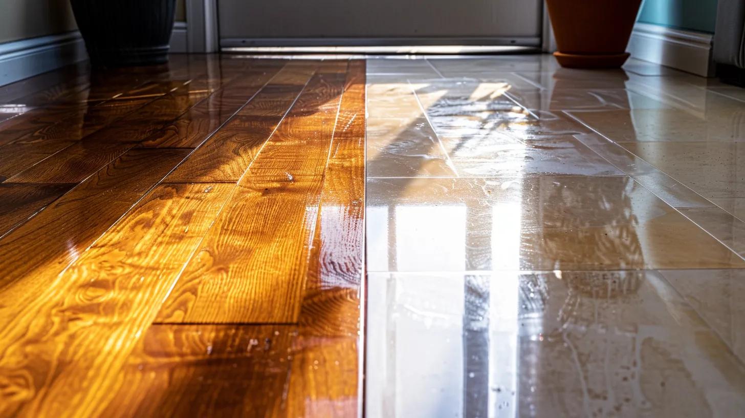 a vibrant, side-by-side comparison shot showcasing a gleaming, seamlessly finished epoxy floor contrasted with a worn, textured traditional hardwood floor, illuminated by soft, natural light for a striking visual impact.